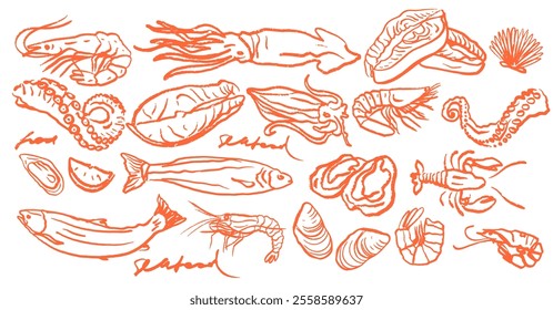 Hand drawn isolated vector set of seafood. Shrimps, langoustines, prawns, salmon, trout, oysters, mussels, squid, crab. Food vintage illustration and template on a white background.	