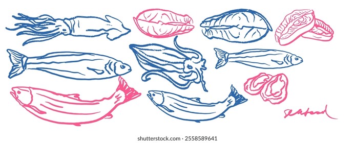 Hand drawn isolated vector set of seafood. Shrimps, langoustines, prawns, salmon, trout, oysters, mussels, squid, crab. Food vintage illustration and template on a white background.	