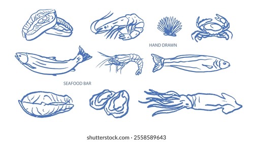 Hand drawn isolated vector set of seafood. Shrimps, langoustines, prawns, salmon, trout, oysters, mussels, squid, crab. Food vintage illustration and template on a white background.	