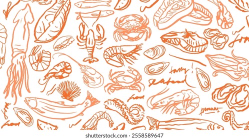 Hand drawn isolated vector set of seafood. Shrimps, langoustines, prawns, salmon, trout, oysters, mussels, squid, crab. Food vintage illustration and template on a white background.	