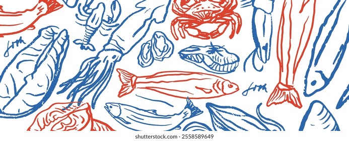 Hand drawn isolated vector set of seafood. Shrimps, langoustines, prawns, salmon, trout, oysters, mussels, squid, crab. Food vintage illustration and template on a white background.	