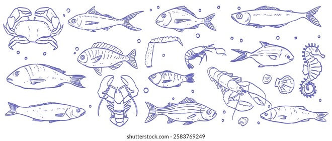 Hand drawn isolated vector set of seafood. Shrimps, prawns, salmon, trout, mussels, lobster and crab. Vintage illustrations on white background for cafe or restaurant menu, kitchen poster or placard.