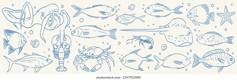 Hand drawn isolated vector set of seafood. Shrimps, prawns, salmon, trout, lobster, stingray and crab. Vintage illustrations for cafe or restaurant menu, kitchen poster or placard. Seafood market.