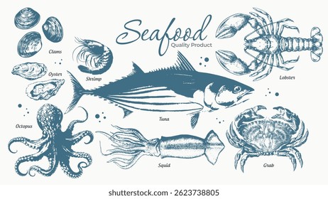 Hand drawn isolated vector set of seafood
