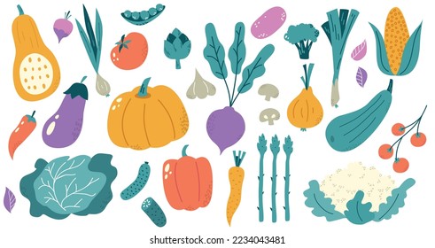 Hand drawn isolated vegetables. Flat vegetable, fresh organic meal ingredients. Market food, cartoon vegetarian raw. Snugly color vector clipart