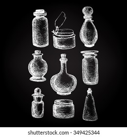 Hand drawn isolated vintage glass jars and bottles set. Containers for jams, food, attar, otto, essential oil, oils, liquid, perfume. Vector