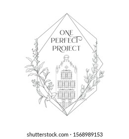Hand drawn isolated vintage house in geometric frame with floral elements branches, flowers, old town, sketch, doodle. Vector illustration. Logo Branding Simple Line art, outlined, linear