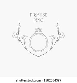 Hand Drawn Isolated Vintage Wedding Engagement Ring In Floral Frame With Branches, Sketch, Doodle. Vector Illustration. Logo Branding Simple Line Art, Outlined, Linear