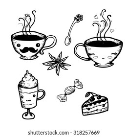 Hand drawn isolated white background  cafe set, Cups with coffee and tea ,cake