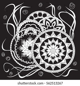 Hand drawn isolated white print on black in boho style with mandalas and flowers for backdrop visit card, decorate dishes, cup, porcelain, home, laptop skins, cases, stationery. eps 10.