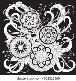 Hand drawn isolated white print on black in boho style with mandalas and flowers for backdrop visit card, decorate dishes, cup, porcelain, home, laptop skins, cases, stationery. eps 10.