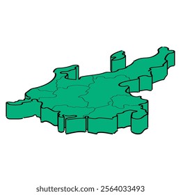 Hand drawn isometric illustration of the Chubu region. Color type.