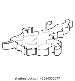 Hand drawn isometric illustration of the Chubu region. Monochrome type.