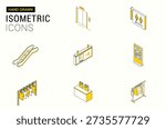 Hand Drawn Isometric Mall Icons Set with Shopping, Escalator, Signs and Retail Elements
