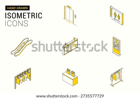 Hand Drawn Isometric Mall Icons Set with Shopping, Escalator, Signs and Retail Elements