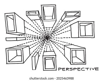 Hand Drawn Of Isometric One Point Perspective Basic Drawing Showing Technique To Draw Object To Vanishing Point Eye View By Using Dot Lines. Vector. Illustration.