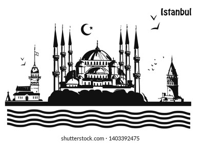 Hand drawn Istanbul horizontal vector illustration. Panoramic banner with famous Turkish symbols and object: Saint Sophia, Maiden's tower, galata tower
