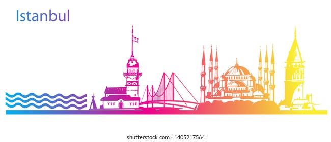 Hand drawn Istanbul horizontal vector illustration. Panoramic banner with famous Turkish symbols and object: Saint Sophia, Maiden's tower, galata tower, bosphorus bridge