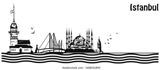 Hand drawn Istanbul horizontal vector illustration. Panoramic banner with famous Turkish symbols and object: Saint Sophia, Maiden's tower, galata tower, bosporus bridge