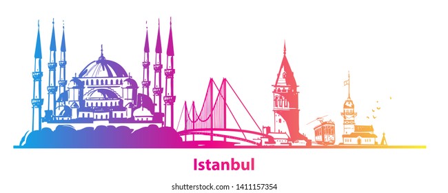 Ilustración horizontal de Estambul dibujada a mano. Banner panorámico con famosos símbolos y objetos turcos: Santa Sofía, torre de la doncella, torre de la galata, puente del bosporo