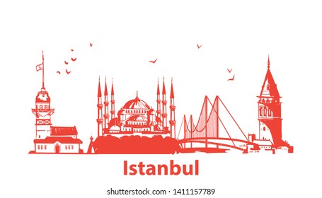 Hand drawn Istanbul horizontal vector illustration. Panoramic banner with famous Turkish symbols and object: Saint Sophia, Maiden's tower, galata tower, bosporus bridge