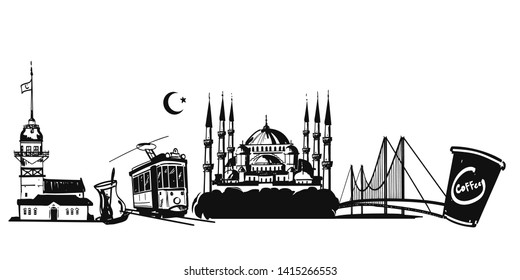 Hand drawn Istanbul horizontal vector illustration. Panoramic banner with famous Turkish symbols and object: Saint Sophia, Maiden's tower, galata tower, bosporus bridge