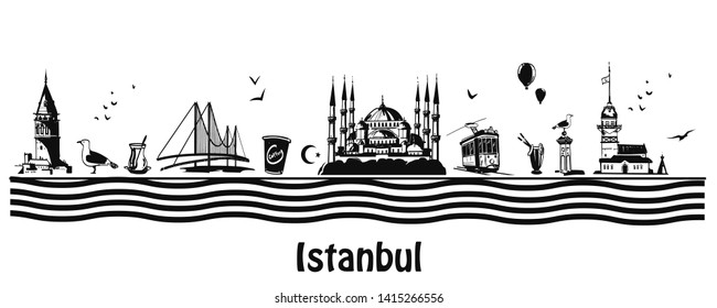 Hand drawn Istanbul horizontal vector illustration. Panoramic banner with famous Turkish symbols and object: Saint Sophia, Maiden's tower, galata tower, bosporus bridge