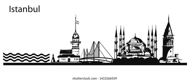 Hand drawn Istanbul horizontal vector illustration. Panoramic banner with famous Turkish symbols and object: Saint Sophia, Maiden's tower, galata tower, bosporus bridge