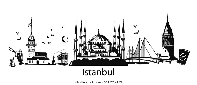 Hand drawn Istanbul horizontal vector illustration. Panoramic banner with famous Turkish symbols and object: Saint Sophia, Maiden's tower, galata tower, bosporus bridge