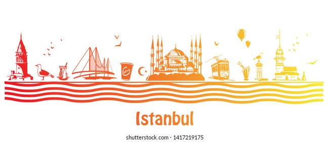 Hand drawn Istanbul horizontal vector illustration. Panoramic banner with famous Turkish symbols and object: Saint Sophia, Maiden's tower, galata tower, bosporus bridge