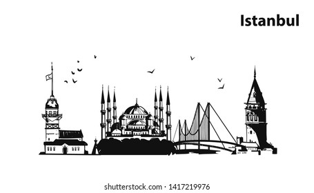 Hand drawn Istanbul horizontal vector illustration. Panoramic banner with famous Turkish symbols and object: Saint Sophia, Maiden's tower, galata tower, bosporus bridge
