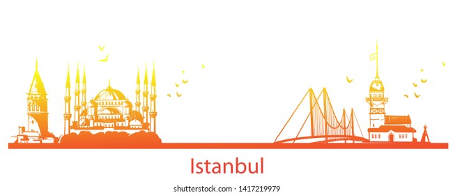 Hand drawn Istanbul horizontal vector illustration. Panoramic banner with famous Turkish symbols and object: Saint Sophia, Maiden's tower, galata tower, bosporus bridge