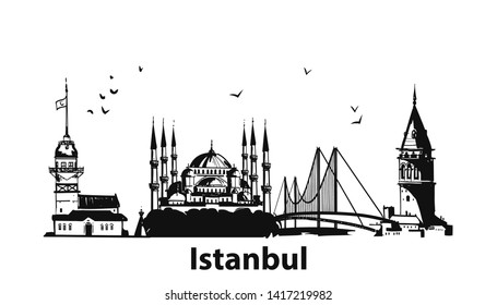 Hand drawn Istanbul horizontal vector illustration. Panoramic banner with famous Turkish symbols and object: Saint Sophia, Maiden's tower, galata tower, bosporus bridge