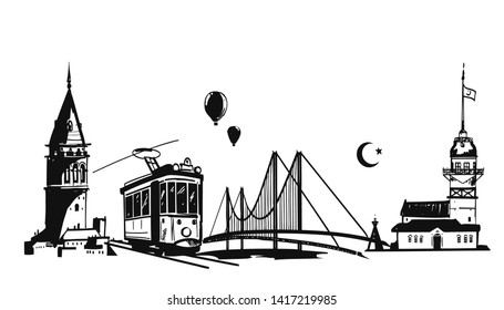 Hand drawn Istanbul horizontal vector illustration. Panoramic banner with famous Turkish symbols and object: Saint Sophia, Maiden's tower, galata tower, bosporus bridge