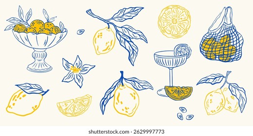 Hand drawn Italian amalfi summer vacation with lemons. Sketch doodle citrus tropical fruits. Sea weekend collection for beach party, picnic, wedding invitations. Vector ink doodle style illustration 