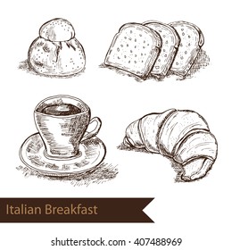 Hand drawn italian breakfast elements sketch. Can be used for  food invitations, bakery, restaurant, cafe menu. Food background