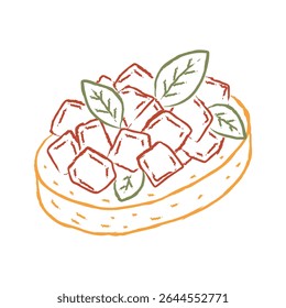 Bruschetta italiana desenhada à mão com cubos de tomate e folhas de manjericão em pão torrado. Ilustração de vetor de estilo de linha de tinta rústica para menus de restaurantes, embalagem de alimentos, livros de receitas, blogs culinários.
