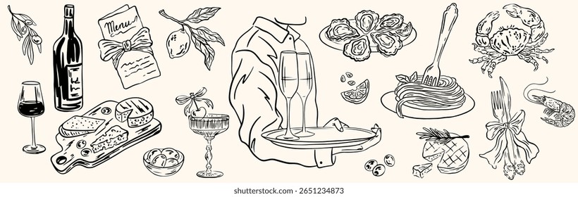 Comida italiana feita à mão desenhada a giz. Frutos do mar, vinho, massa, ostras, mexilhões, camarão, charcutaria. Jantar mediterrâneo para convites de casamento, menus. Ilustração em vetor La dolce vita estilo de esboço italiano.