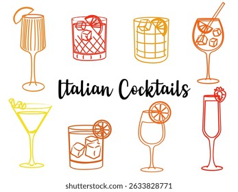 Hand drawn Italian cocktail illustrations. Vector line art of summer refreshing alcoholic beverages. Doodle style cocktail glasses for bar, menu, and party design.