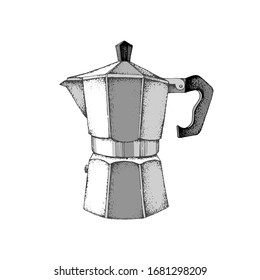 Hand drawn Italian coffee maker or moka pot isolated on white background. Vector illustration in retro style