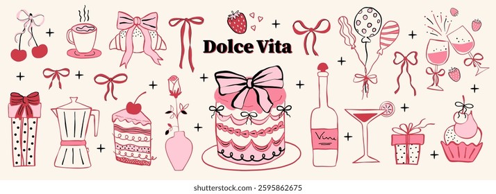 Hand drawn Italian  collection with bows, cake, gift boxes, balloon, champagne, glasses, croissant, coffee, bottle, balloons,in ink doodle style. Outline vintage vector illustrations.
