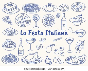 Ilustrações de cozinha italiana desenhadas à mão. Lasanha, pizza, massa, tiramisu, azeitonas, vinho, queijo, frutos do mar, cannoli e sobremesas italianas. Jantar tradicional mediterrâneo rabisca.