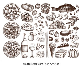 Hand drawn italian cuisine sketches set. Vector collection of engraved food, drinks, ingredients. Vector drawings for festival, pizzeria, bakery or cafe. Top view illustration. Line art. 