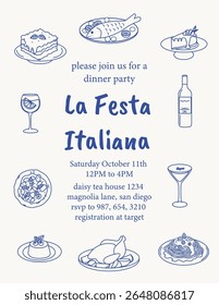 Convite para jantar italiano desenhado à mão. Faça ilustrações de lasanha, pizza, frutos do mar, vinho, sobremesa e coquetéis. Culinária tradicional do Mediterrâneo. Projeto de comida de esboço vetorial.