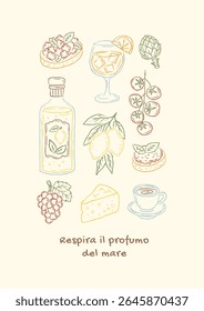 Cartaz desenhado à mão elementos italianos com limões, queijo, tomates, vinho, café, aperitivo, lanches. Ilustração vetor estilo mediterrâneo vintage para cozinha, restaurante, decoração interior café.

