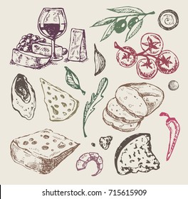 Hand drawn italian food. Cheese and Wine