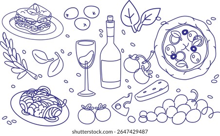 Hand drawn Italian food doodle set with pizza, wine, pasta, cheese, tomato, grapes, and herbs. Cute crayon sketch style. Perfect for menu design, posters, food packaging, and restaurant branding.