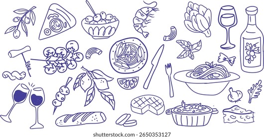 Mão desenhada comida italiana rabiscar com massa, pizza, vinho, azeitona, queijo, manjericão, camarão, limão. Perfeito para o logotipo do restaurante, design do menu, embalagem orgânica, marca culinária vintage.