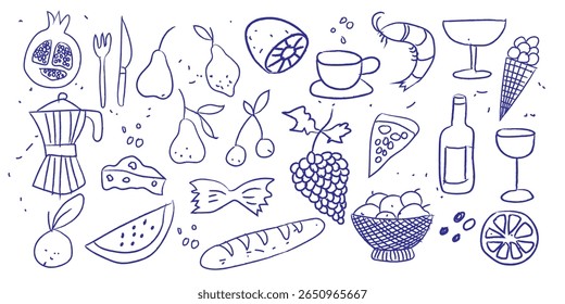 Hand drawn Italian food doodle icons set. Rustic sketch with pasta, pizza, fruits, cheese, wine, espresso. Charming organic Mediterranean elements for retro cafe poster or culinary branding.
