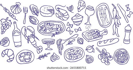 Um rabiscar de comida italiana desenhado à mão. Frutos do mar, queijo, vinho, massa, pizza, azeitonas, ervas, pão, ravioli, ostras, tapas em estilo de esboço rústico. Perfeito para cartaz de restaurante, cardápio, impressão.